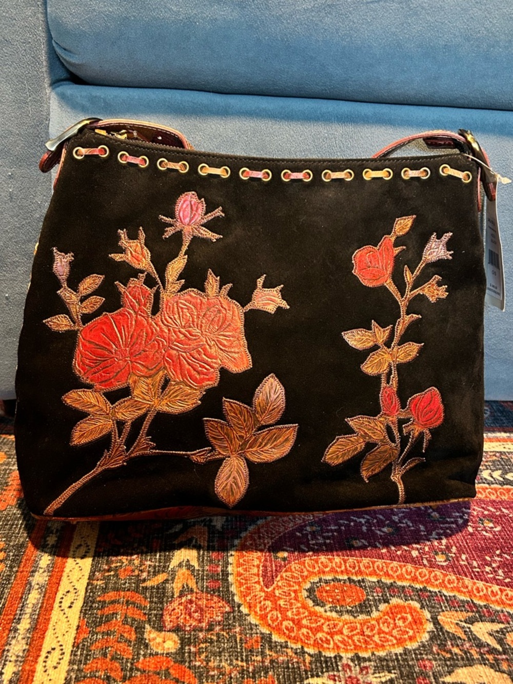 NWT Vintage Isabella Fiore Suede Shoulder Bag With Embossed Leather Flowers